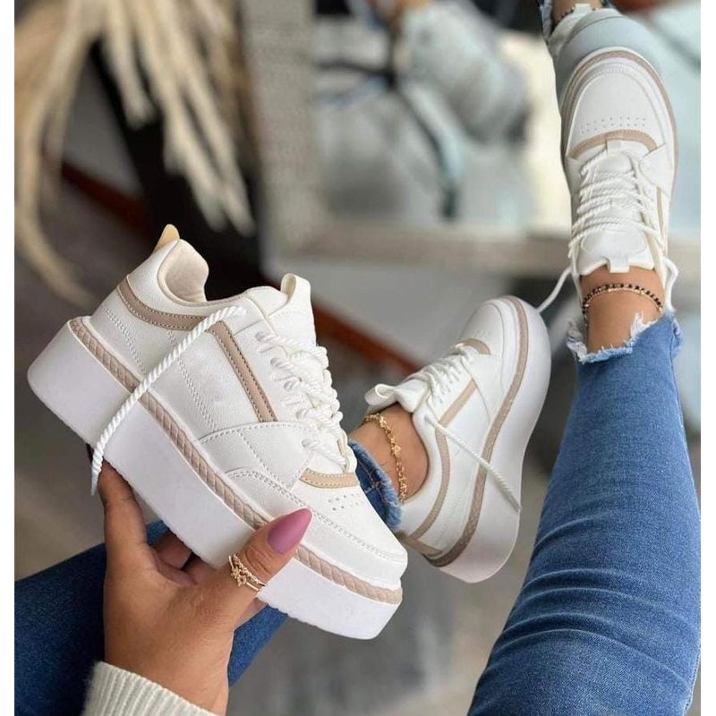 GENERICO - Tenis Beige Cafe Claro Dama Zapatillas Zapatos Lindos Moda Casual_.