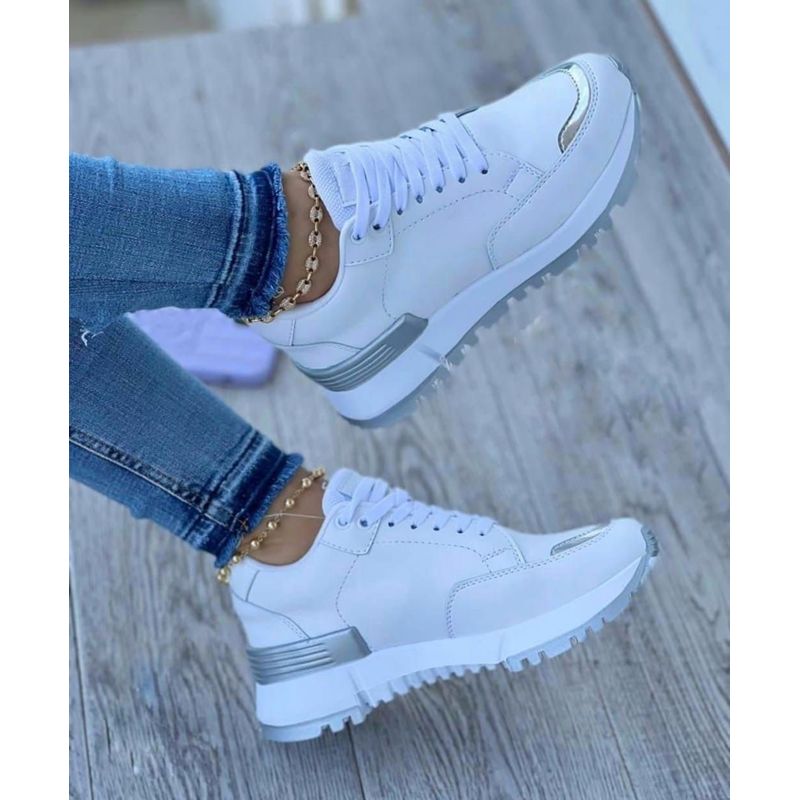GENERICO - Tenis Blanco Plateado Dama Zapatillas Zapatos Mujer Lindos Moda Casual