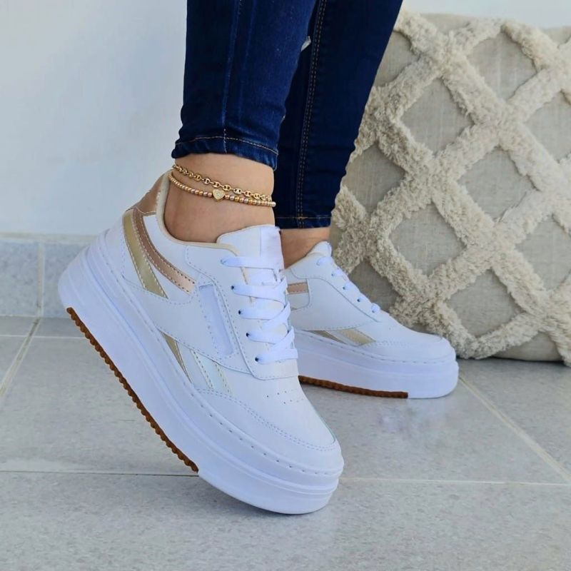 GENERICO - Tenis Blanco Dorado Dama Zapatillas Zapatos Mujer Lindos Moda Casual