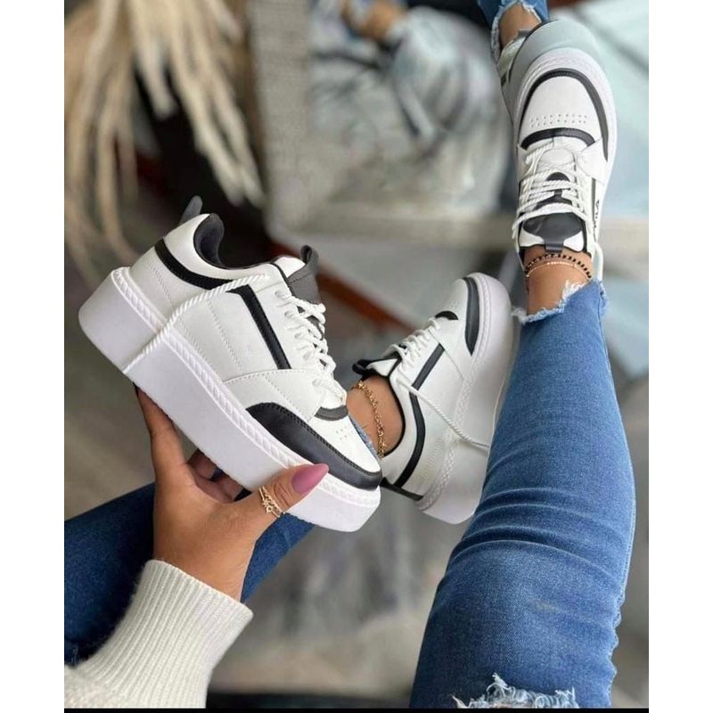 GENERICO - Tenis Blanco Negro Dama Zapatillas Zapatos Mujer Lindos Moda Casual