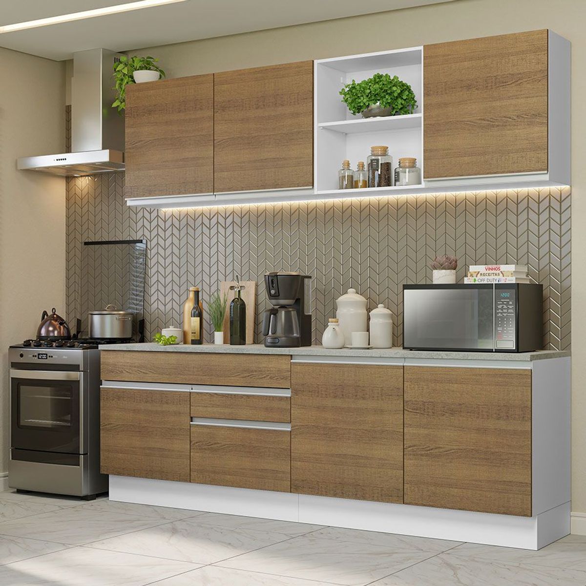 MADESA - Cocina Integral Glamy 2.40 m con Encimeras Blanco/Marrón 06