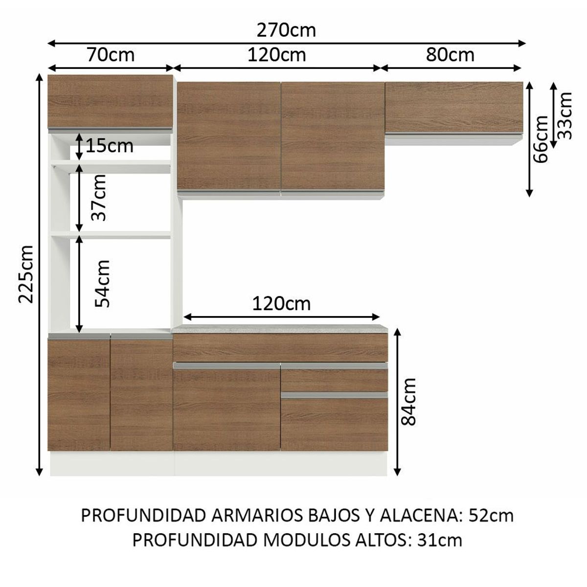 MADESA - Cocina Integral Glamy 2.70 m con Encimera Blanco/Marrón 14