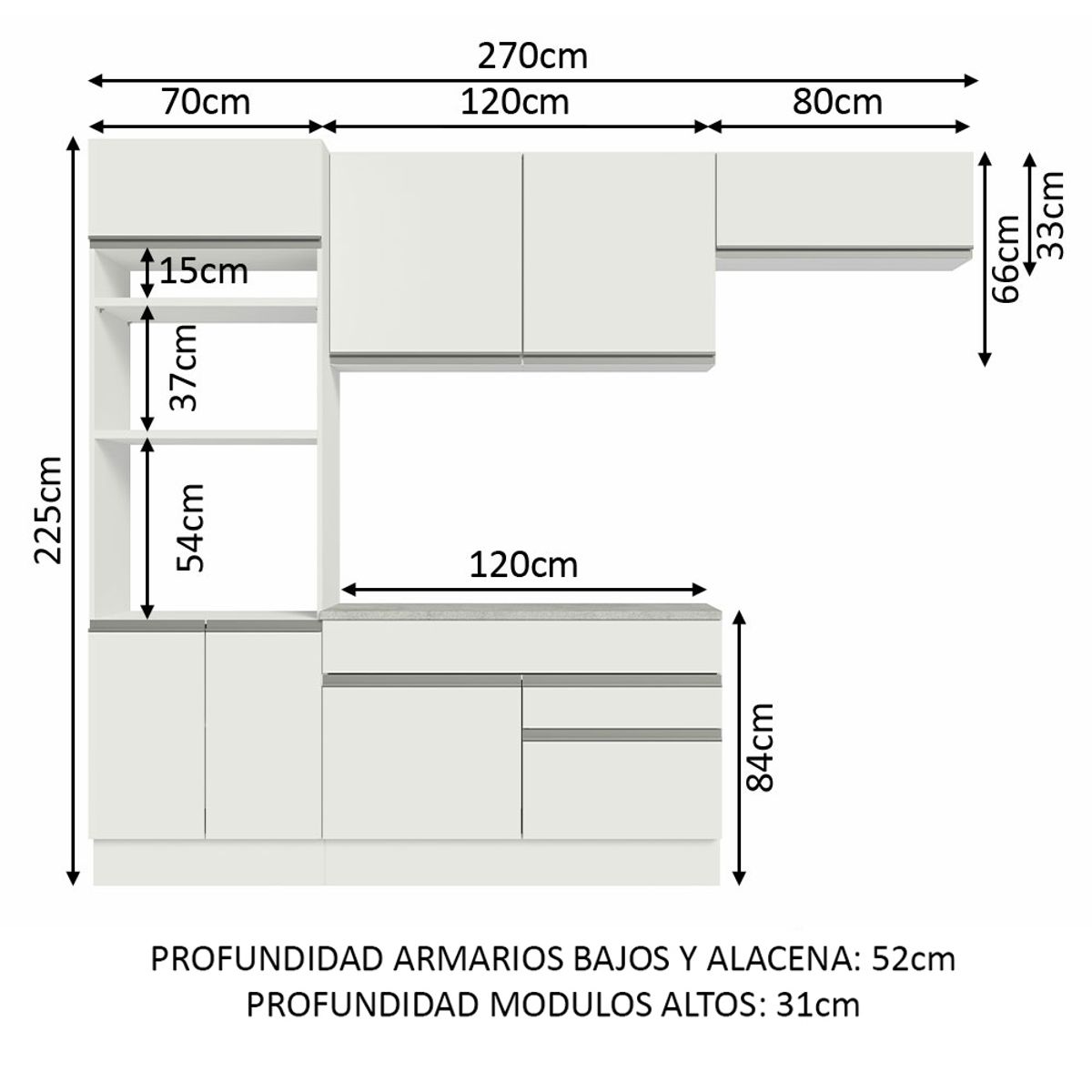 MADESA - Cocina Integral Glamy 2.70 m con Encimera Blanco 14