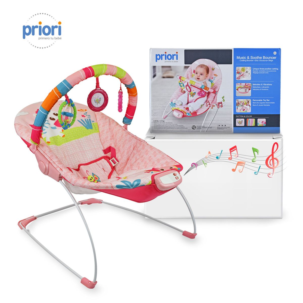 PRIORI - Silla Mecedora Bebé Musical PB2001 Priori Rosa