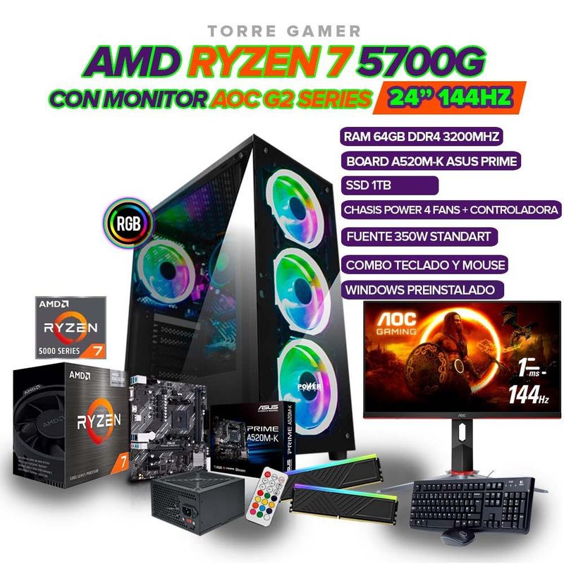 AMD - PC GAMER RYZEN 7 5700G/MONITOR 24" 144HZ/ RAM 64GB/ SSD 1TB/ TECLADO Y MOUSE