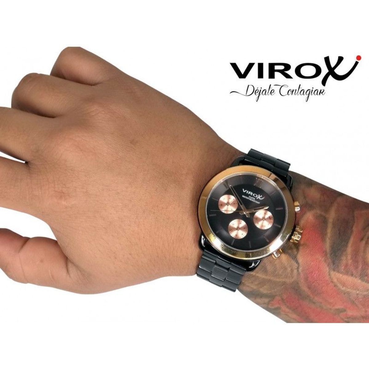 VIROX - RELOJ VIROX MULTIFUNCIONAL DE HOMBRE NEGRO BISEL ORO ROSA_.