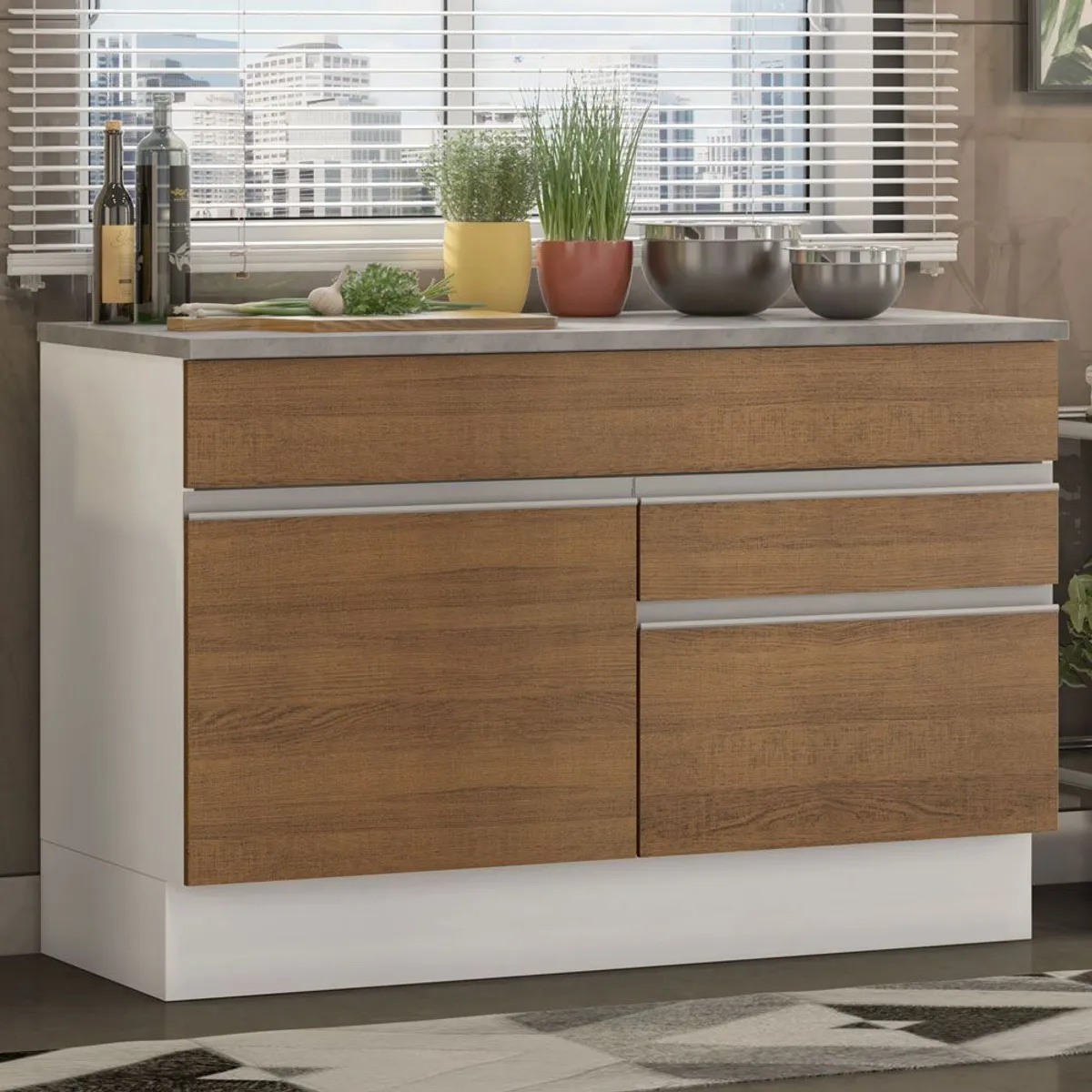 MADESA - Mueble de Cocina Bajo Glamy 1.20 m 1 Puerta 2 Cajones con Encimera Blanco/Marrón