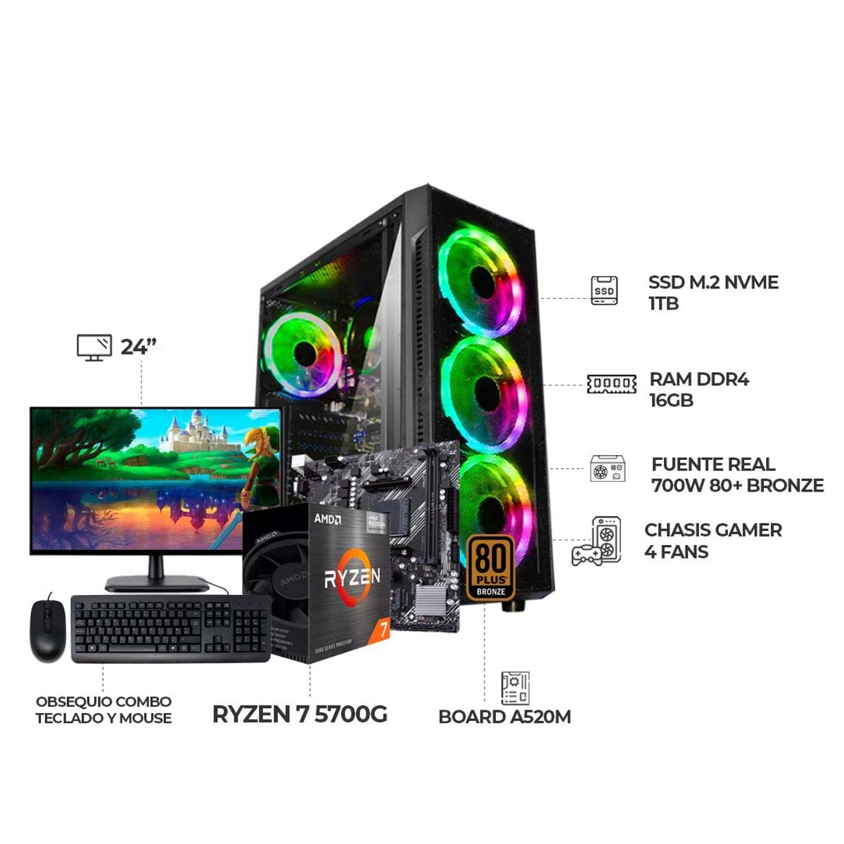 AMD - COMPUTADOR GAMER RYZEN 7 5700G MONITOR 24 FHD 120HZ 16GB RAM SSD 1TB 700W 80+BRZ