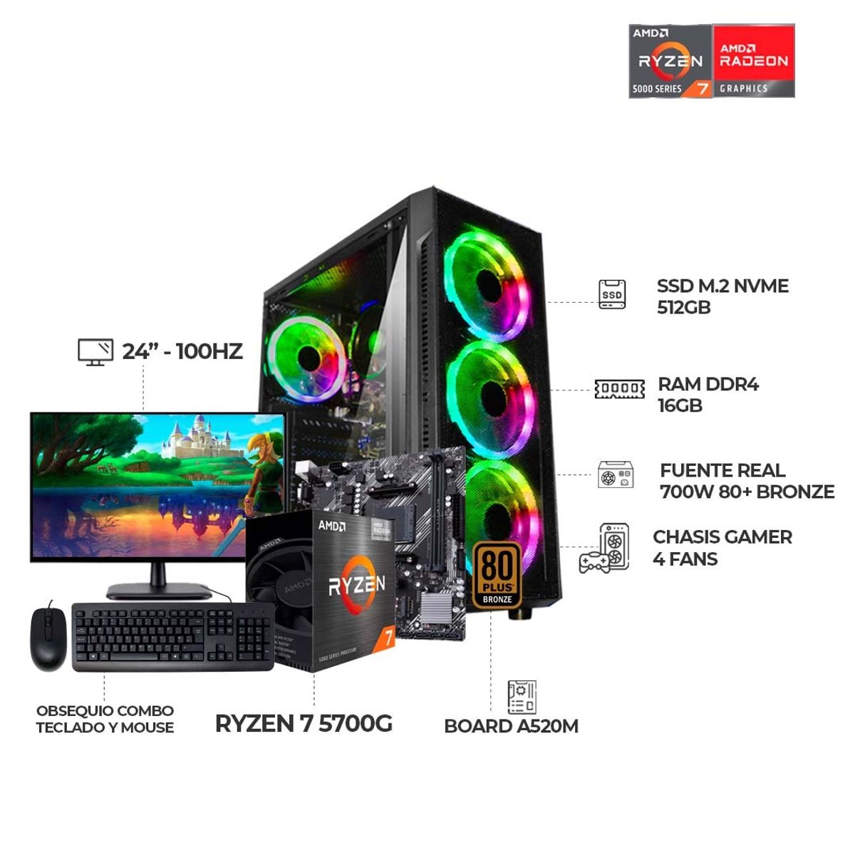 AMD - COMPUTADOR GAMER RYZEN 7 5700G MONITOR 24" 120HZ 16GB RAM SSD 512GB 700W 80+BRZ