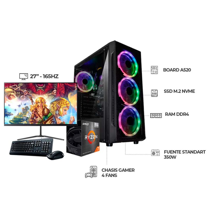 AMD - PC GAMER RYZEN 7 5700G/ MONITOR FHD 27" 165H FHD 1MS/ 32GB RAM/ SSD 1TB