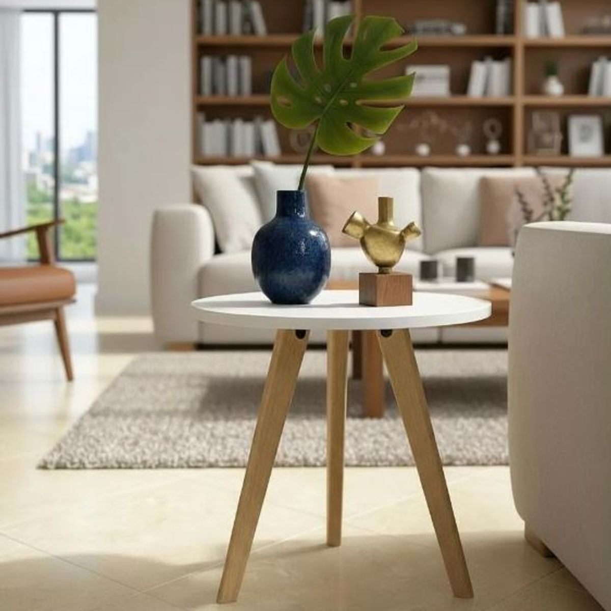 GENERICO - Mesa Auxiliar Centro Triangular Huevo Pequeña Blanco 30x35 cm