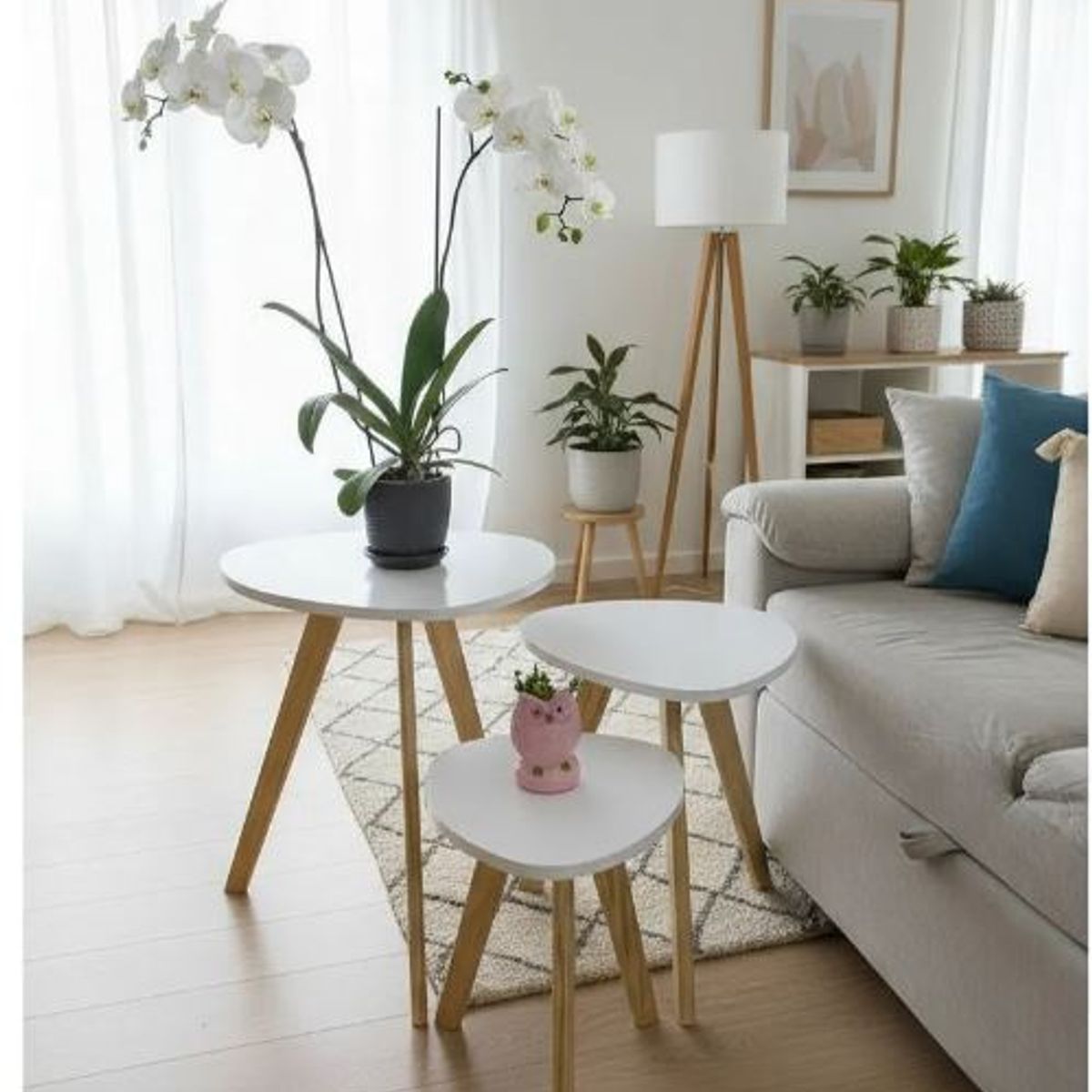 GENERICO - Mesa Auxiliar Centro set x 3 Tipo Huevo Blanco Estilo Nórdico