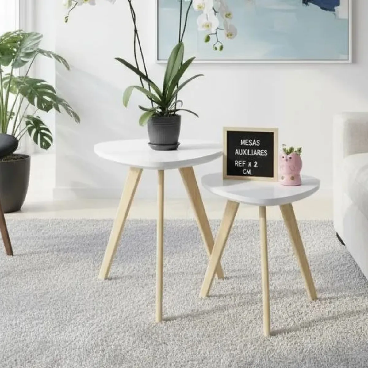 GENERICO - Mesa Auxiliar Centro set x 2 Tipo Huevo Blanco 45 & 55 CM