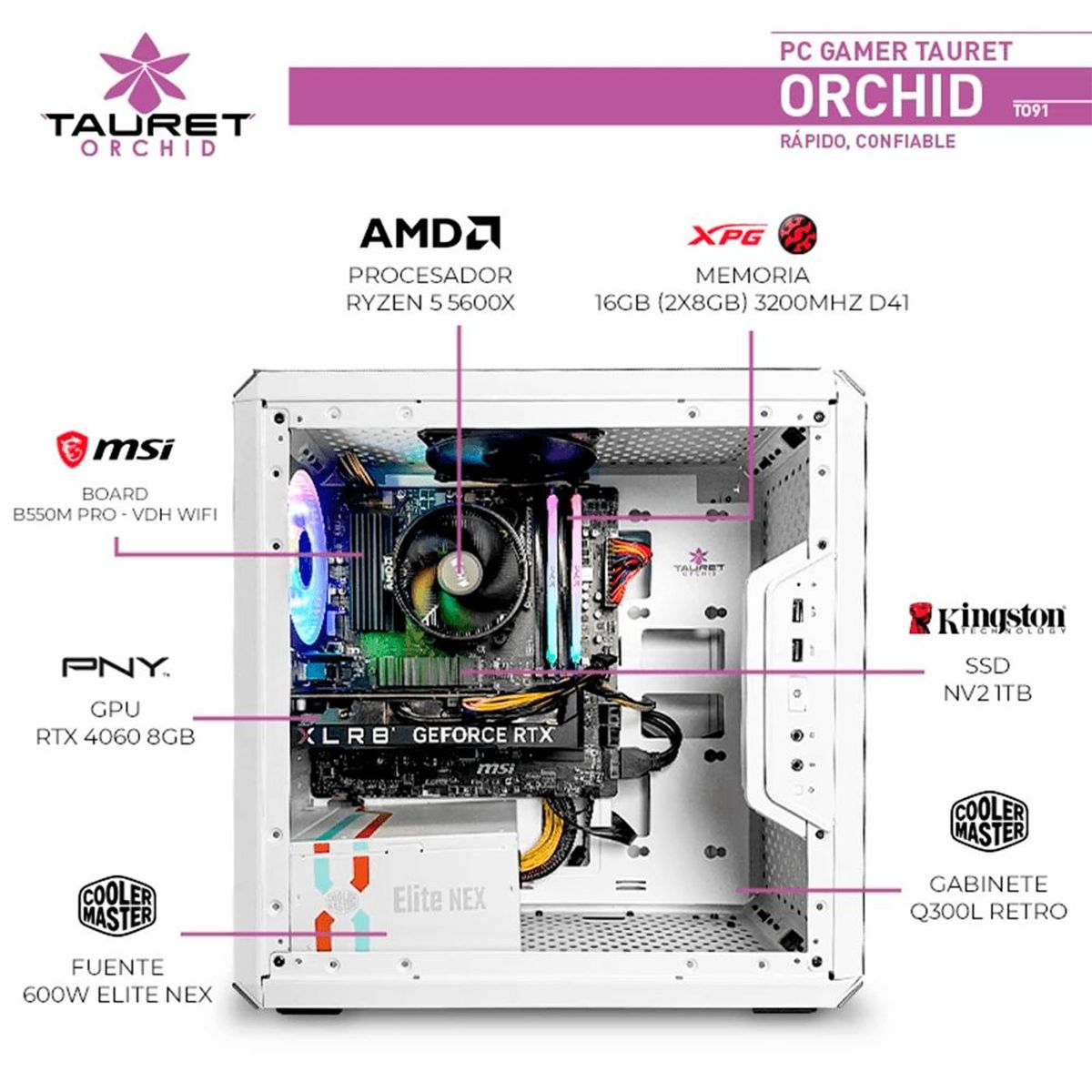 AMD - PC Gamer Tauret Orchid TO91 Nvidia GeForce RTX 4060 8GB AMD Ryzen 5 5600X  RAM 16GB M.2 1TB