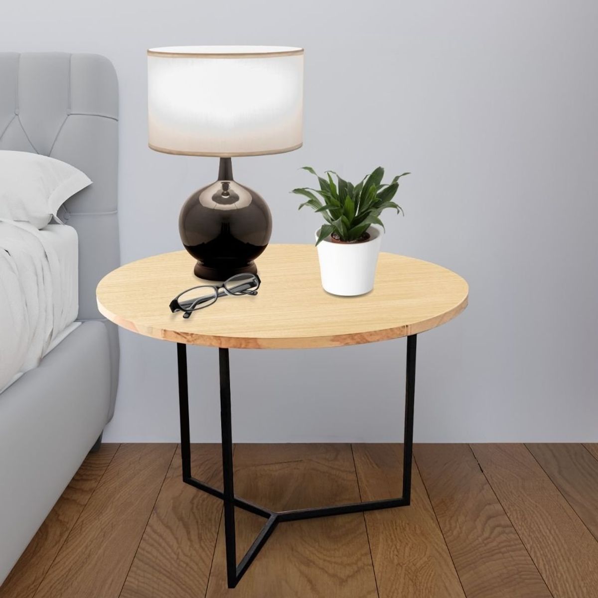 ALIK DISEÑO - Mesa Auxiliar de Centro Redonda 60cm Estilo Industrial Pino y Metal