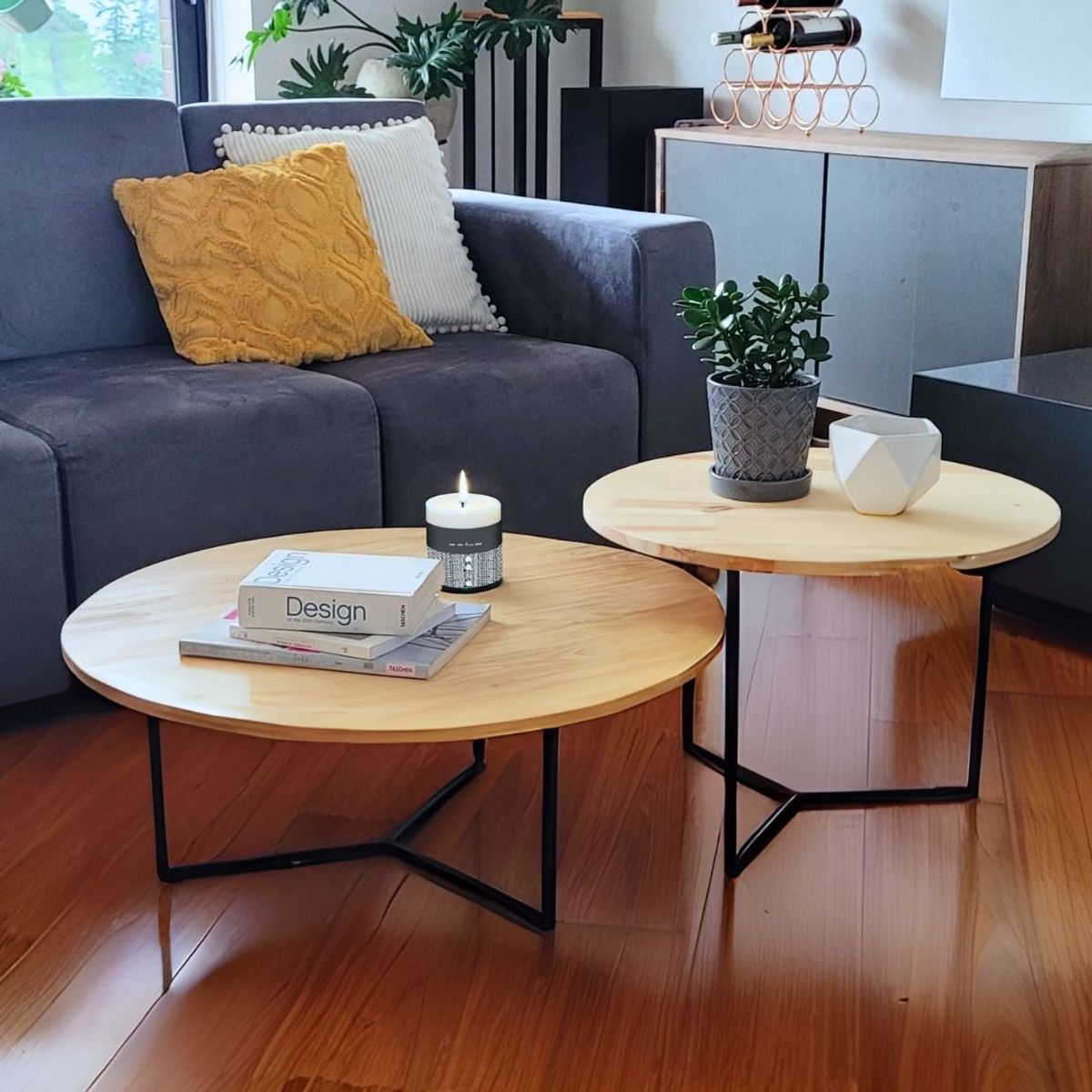 ALIK DISEÑO - Mesa Auxiliar de Centro Redonda 80cm Estilo Industrial Pino y Metal