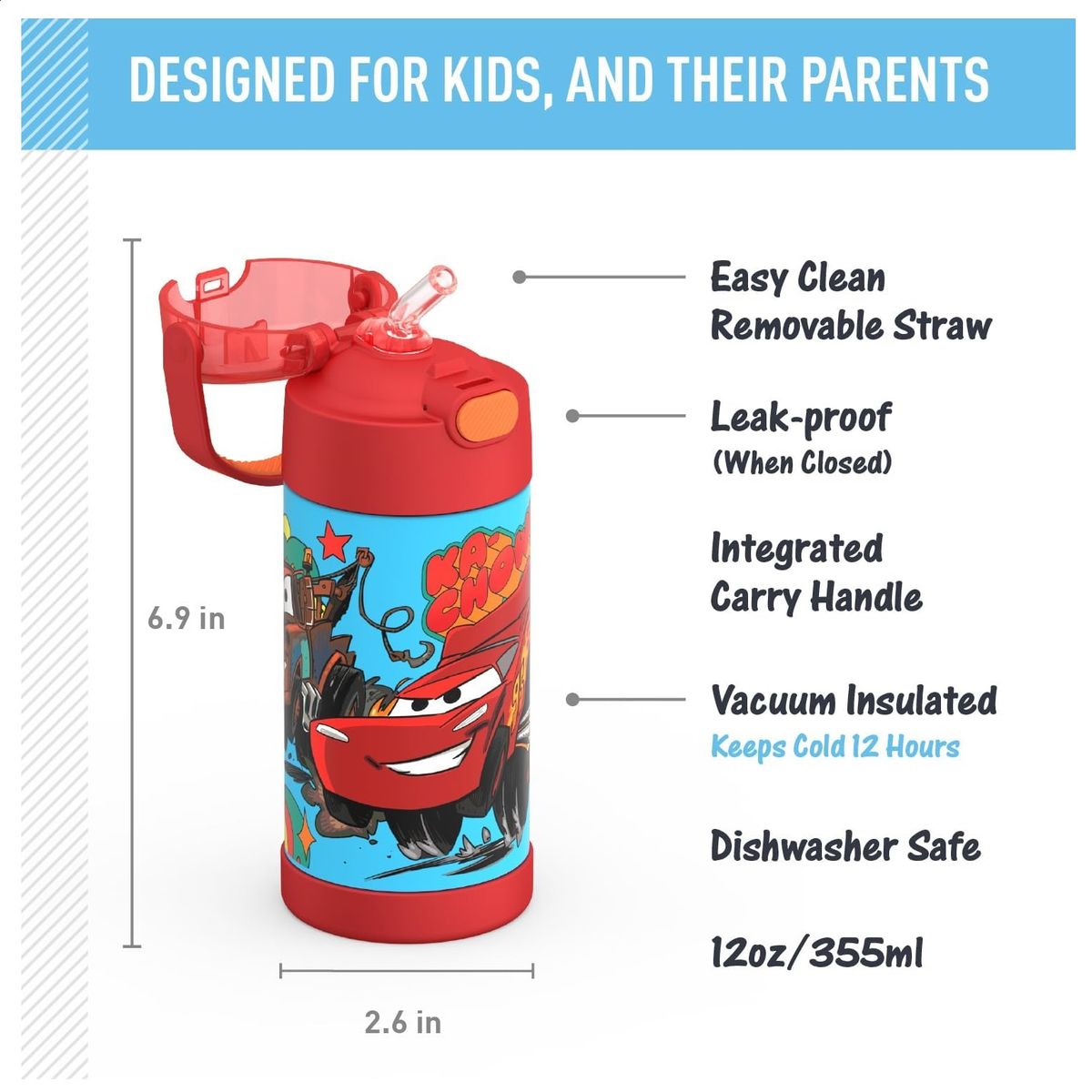THERMOS - Termo Pitillo Infantil Acero Inoxidable Cars 12 Onz