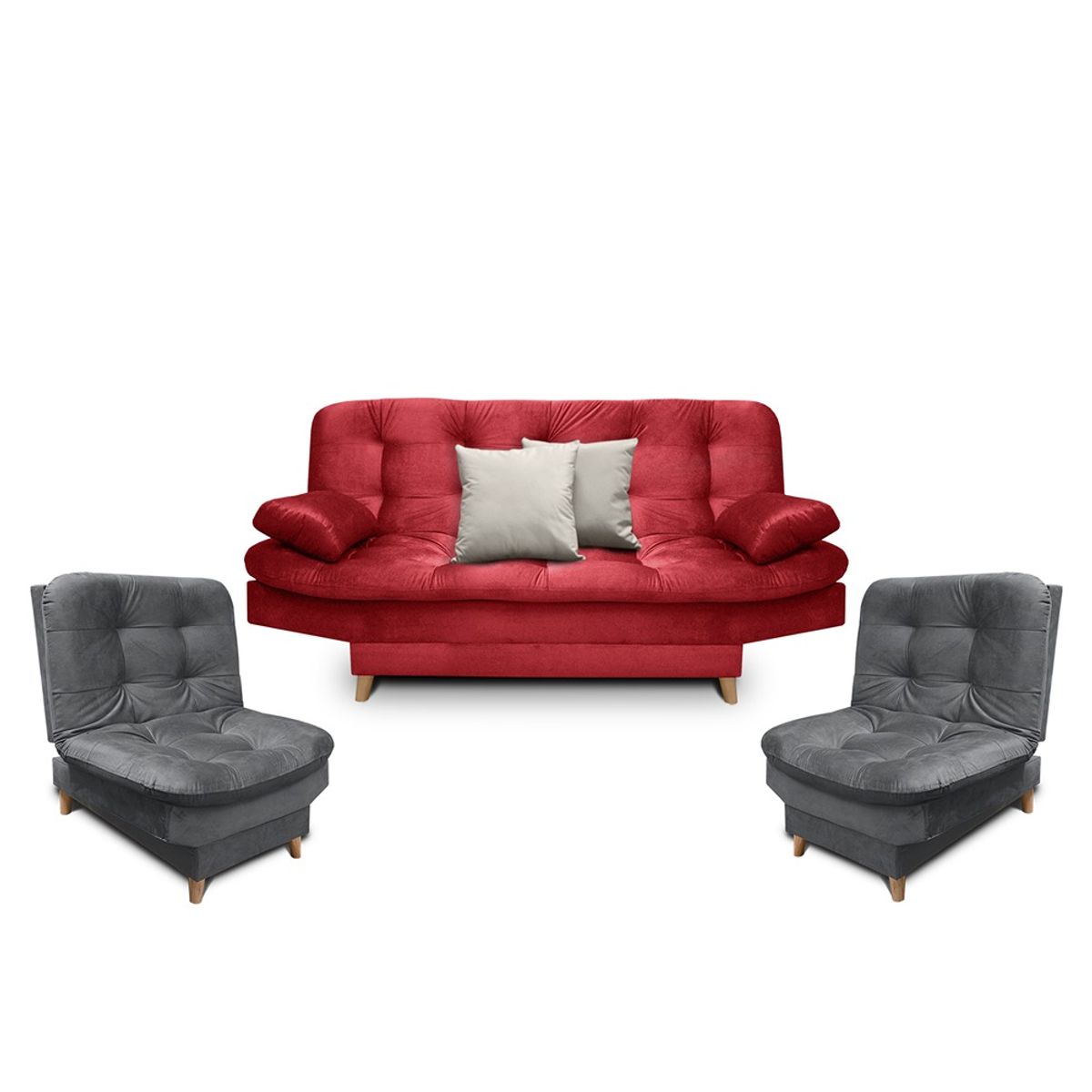 MUEBLES ONLINE - Sala Clic Clac Fendik tela rojo y gris + cojines decorativos