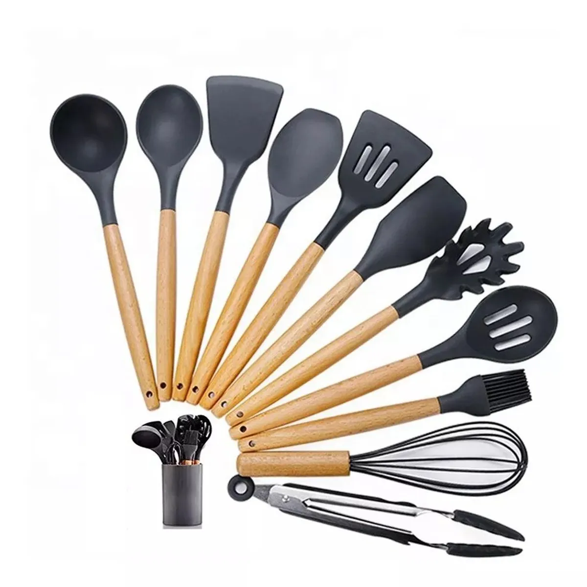 GENERICO - Set Utensilios Cocina Silicona X12 Sin Bpa Mango Madera