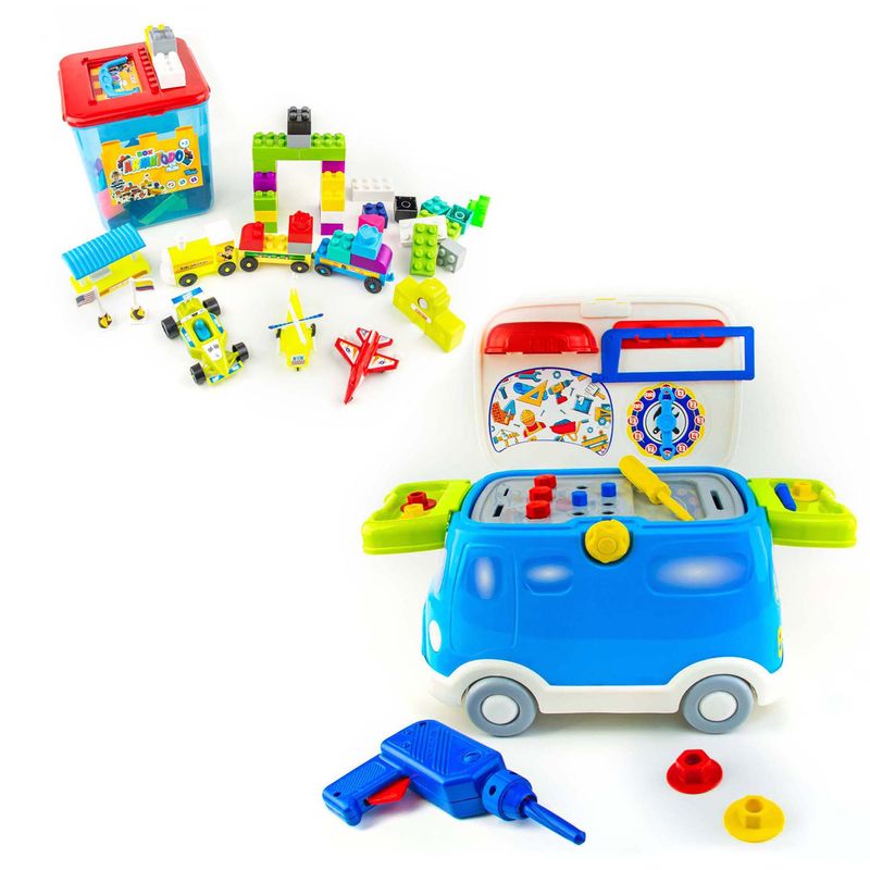 ENERGY PLUS - Combo 128 Pzas Juego Bloques Armatodo +Autobús Herramientas
