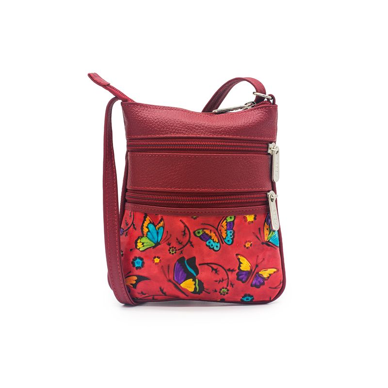 MACOLY - Bolso Manos Libres 320 cuero tala  rojo mariposas grandes