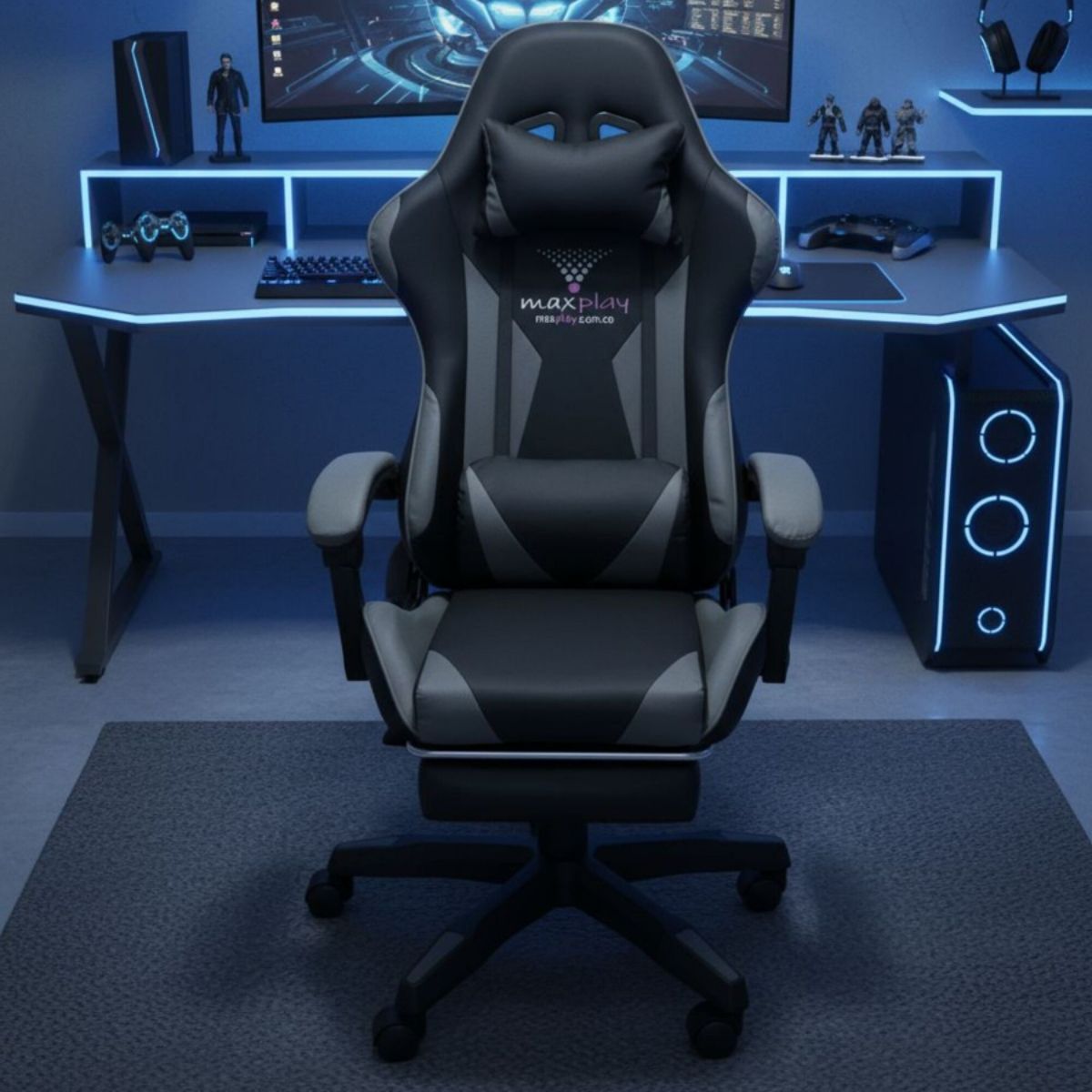 GENERICO - Silla Gamer Masajeador Lumbar Reposapies Negro Gris_.