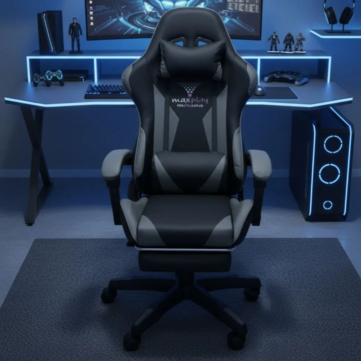 GENERICO - Silla Gamer Masajeador Lumbar Reposapies Negro Gris_.
