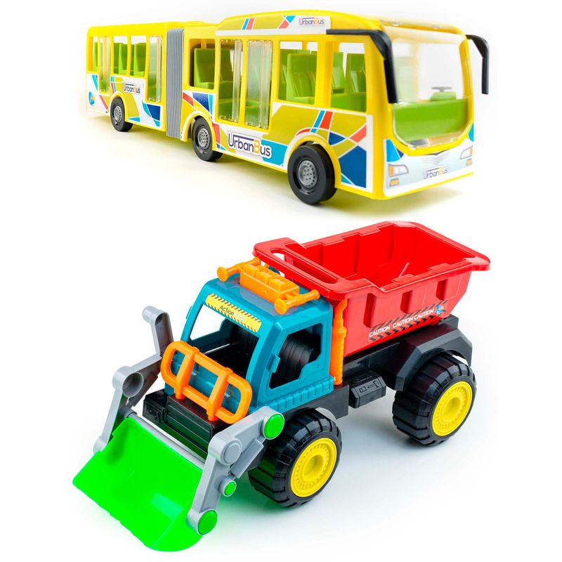 ENERGY PLUS - Kit x2 Juguetes Autobús Articulado +Volqueta retroexcavadora