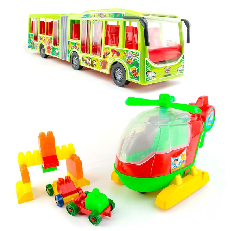 ENERGY PLUS - Kit x2 Juguetes Autobús Articulado + Helicóptero Didáctico