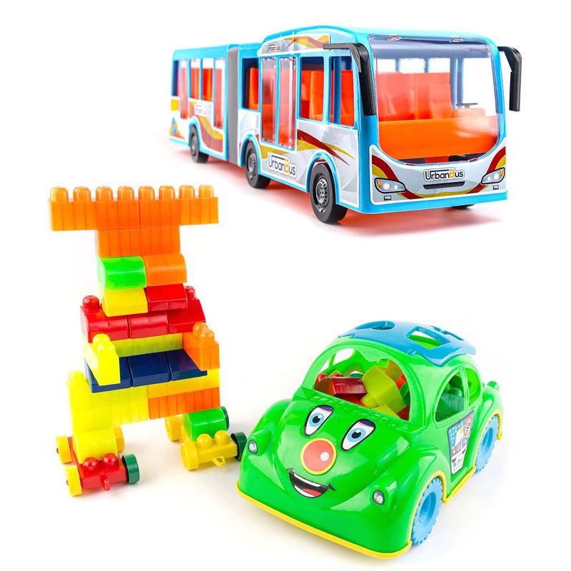 ENERGY PLUS - Kit x2 Juguetes Autobús Articulado +Carro Didáctico 32 Pzas