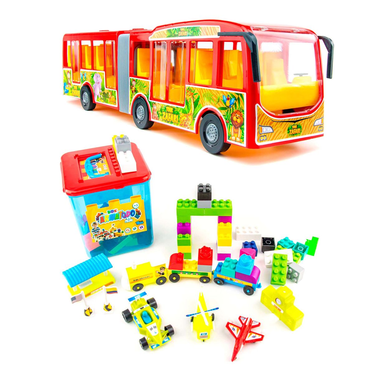 ENERGY PLUS - Kit x2 Juguetes Autobús Articulado +Bloques Armatodo 105Pzas