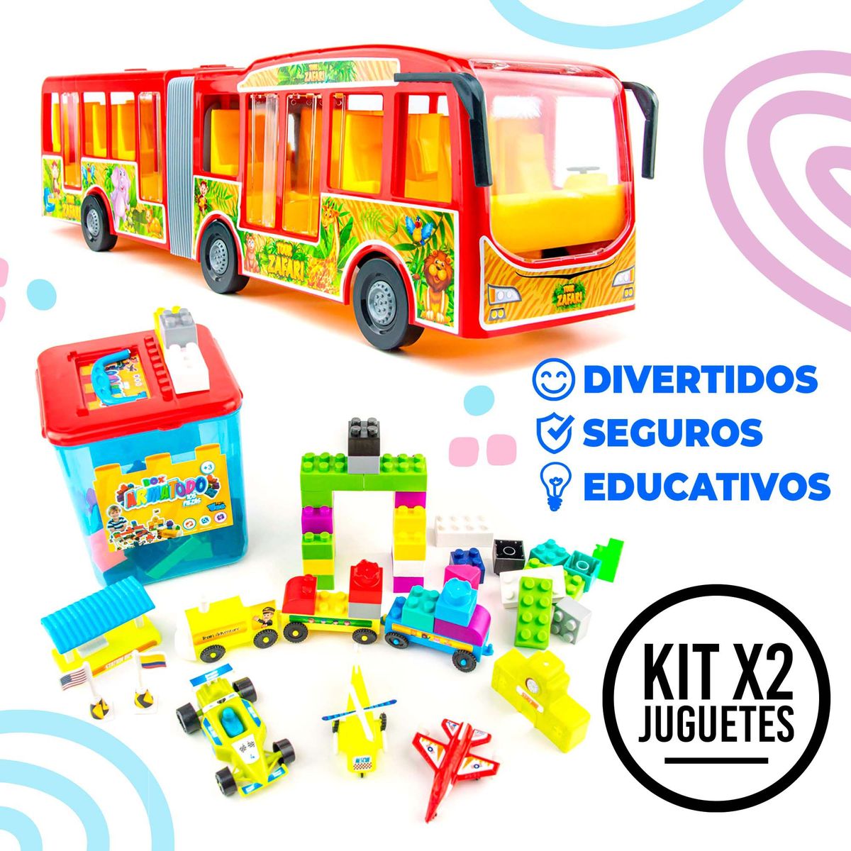 ENERGY PLUS - Kit x2 Juguetes Autobús Articulado +Bloques Armatodo 105Pzas