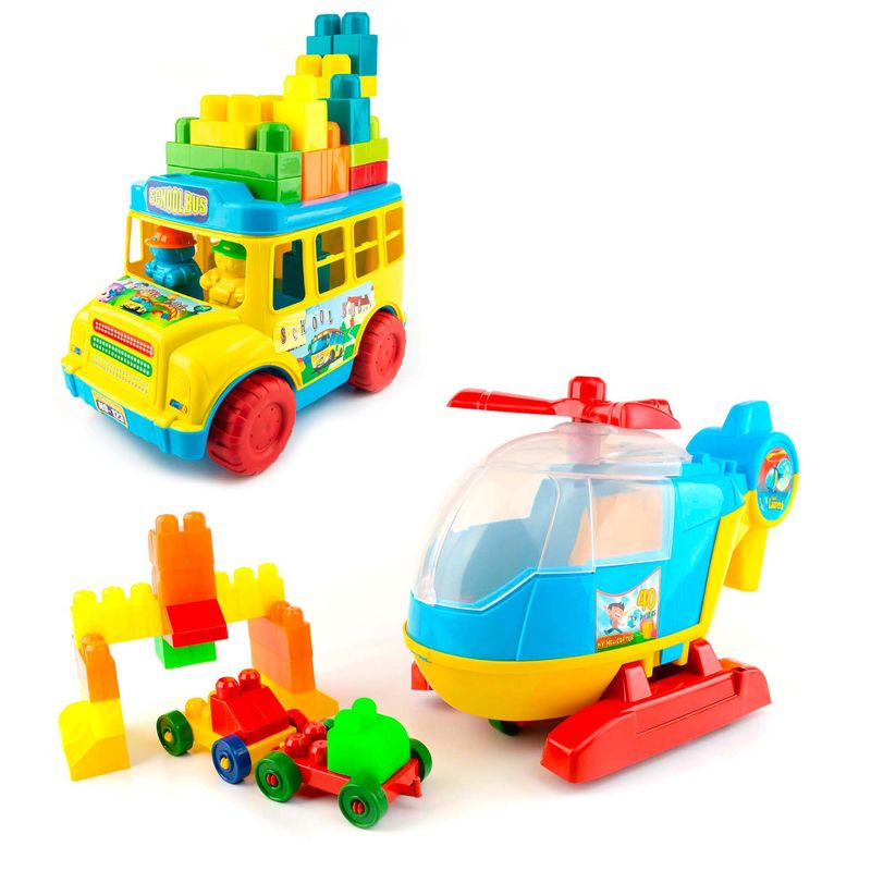 ENERGY PLUS - Kit x2 Juguetes Didácticos Autobús 19 Pzas + Helicóptero