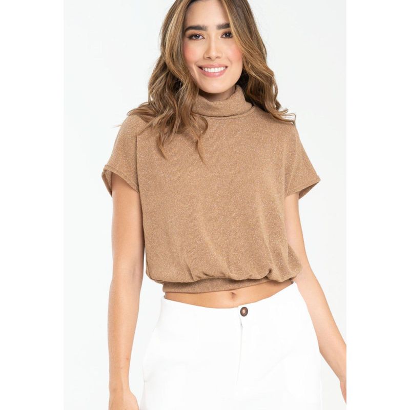 RAGGED - Top cuello alto manga rodada Beige oscuro Ragged