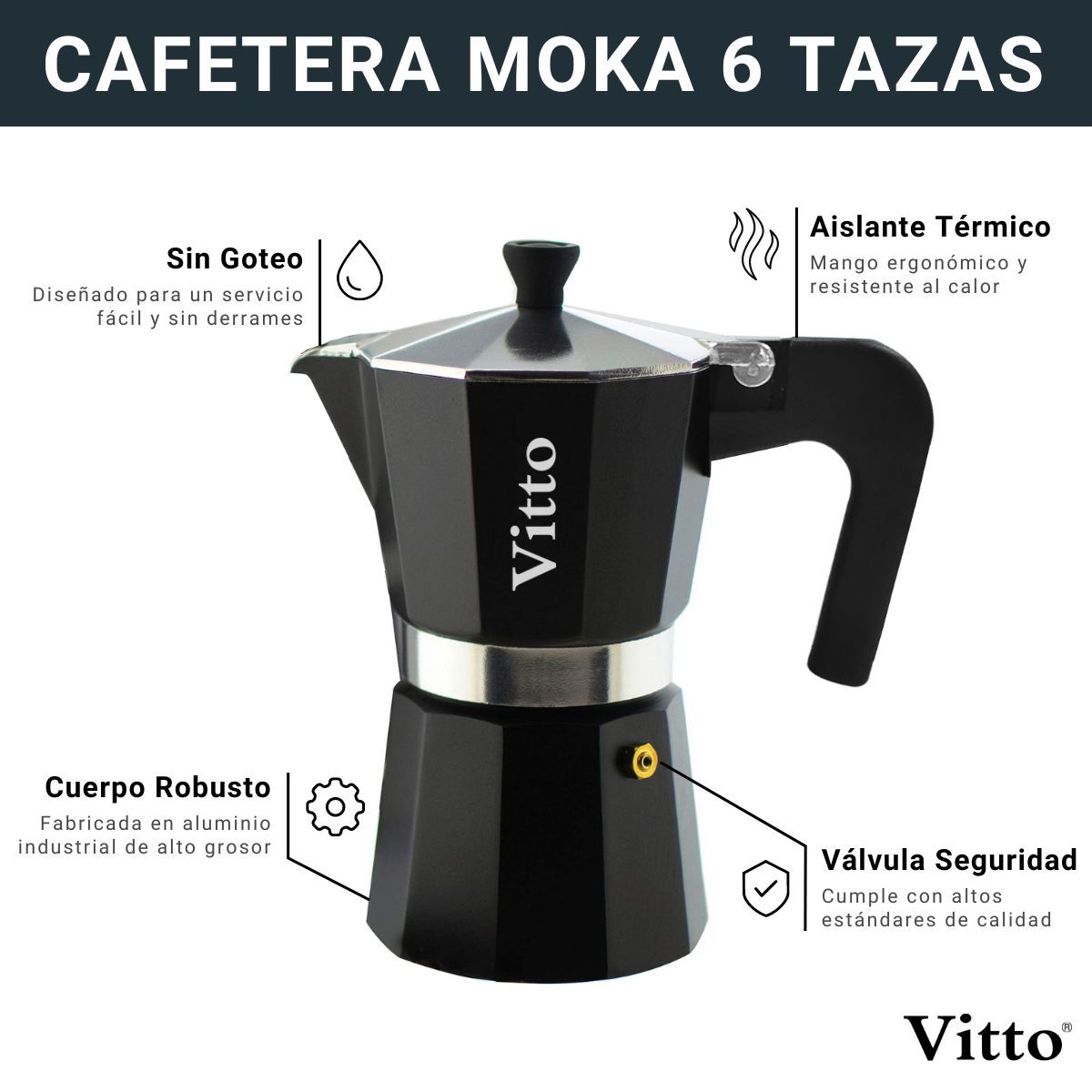 VITTO - Cafetera Italiana Moka 6 Tazas Espresso (300ml) - Vitto