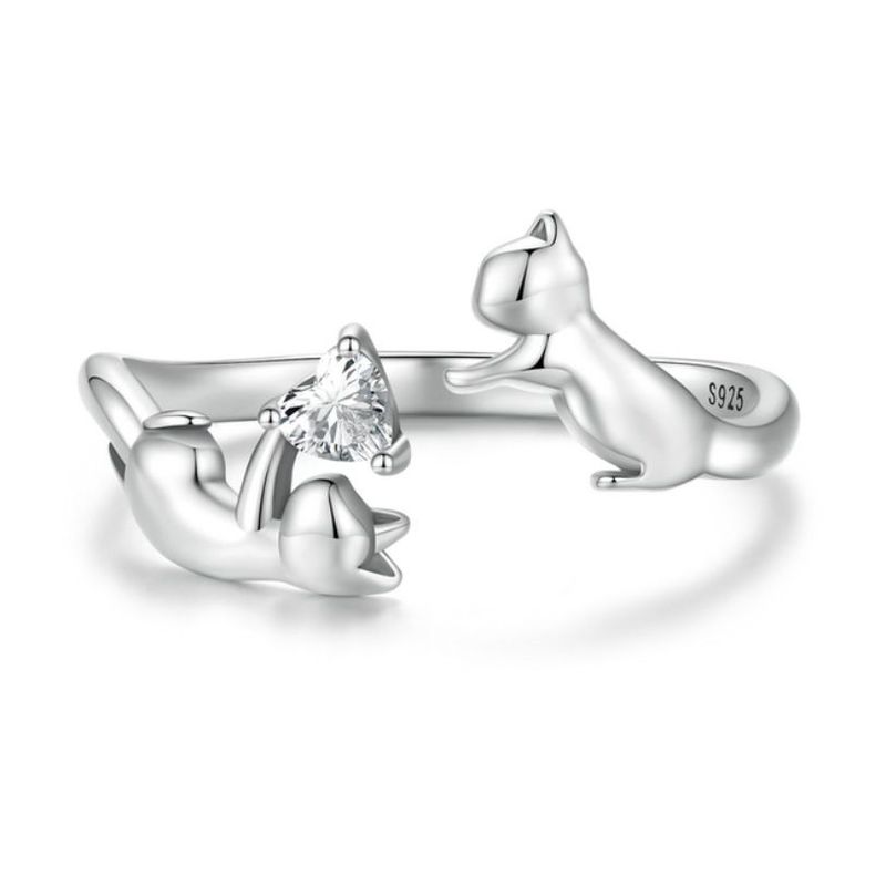 GENERICO - Anillo Ajustable Para Mujer Gatos Jugando Amor Fabricado En Plata 925