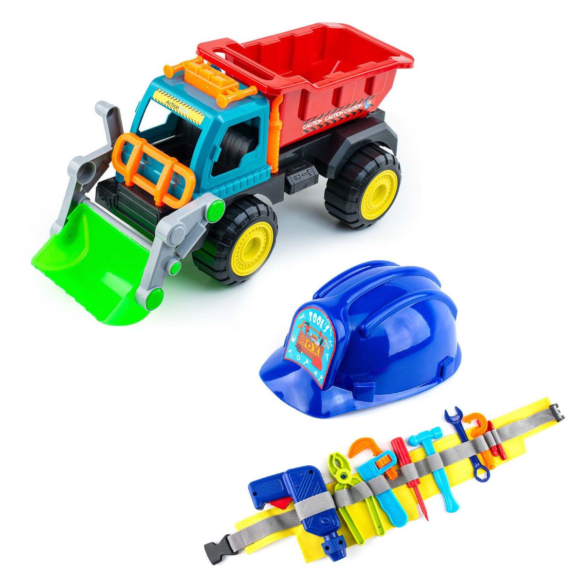 ENERGY PLUS - Juego Constructor Volqueta Retroexcavador +Kit Herramientas