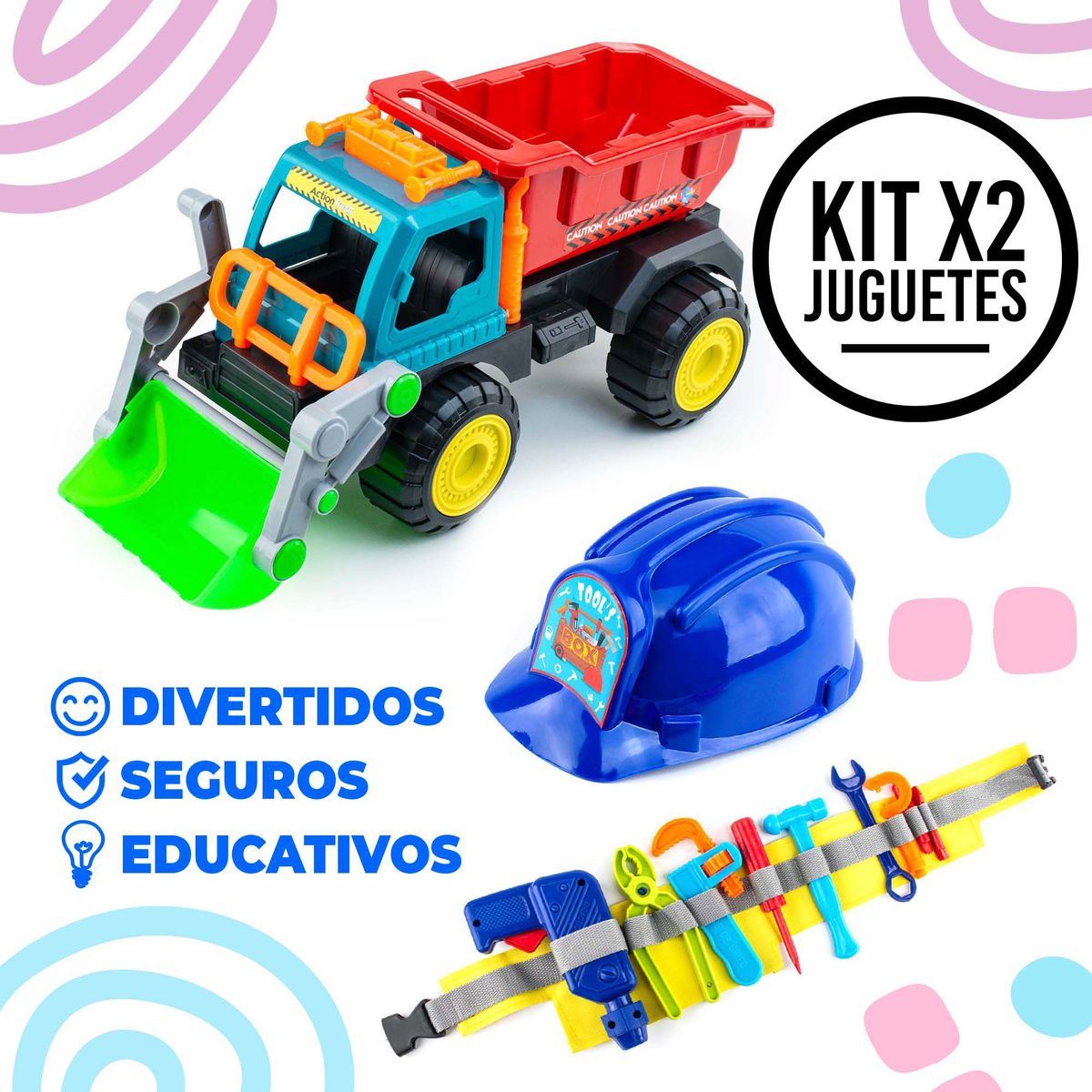 ENERGY PLUS - Juego Constructor Volqueta Retroexcavador +Kit Herramientas