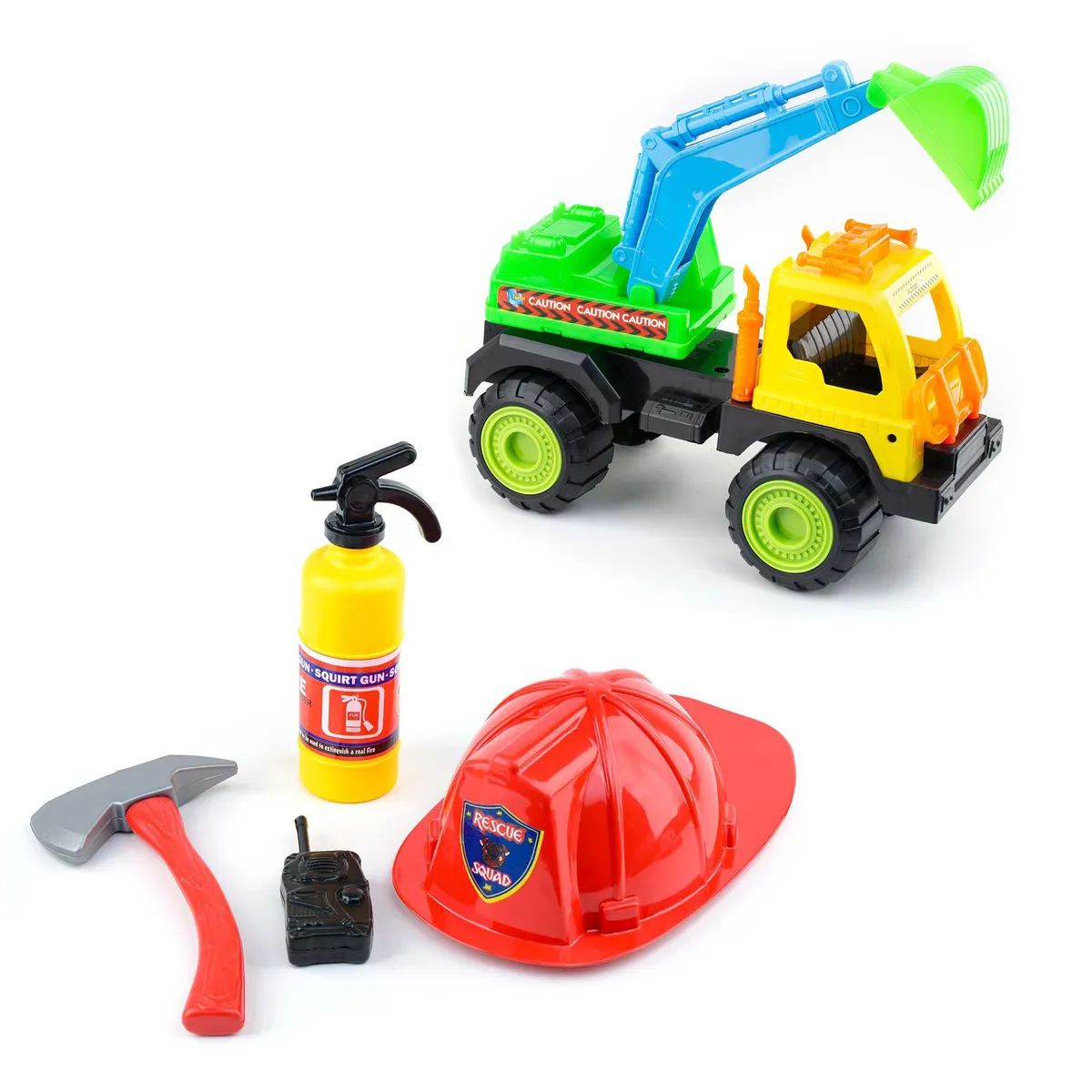 ENERGY PLUS - Volqueta con Grua +Set de Bombero Jugar construir y salvar