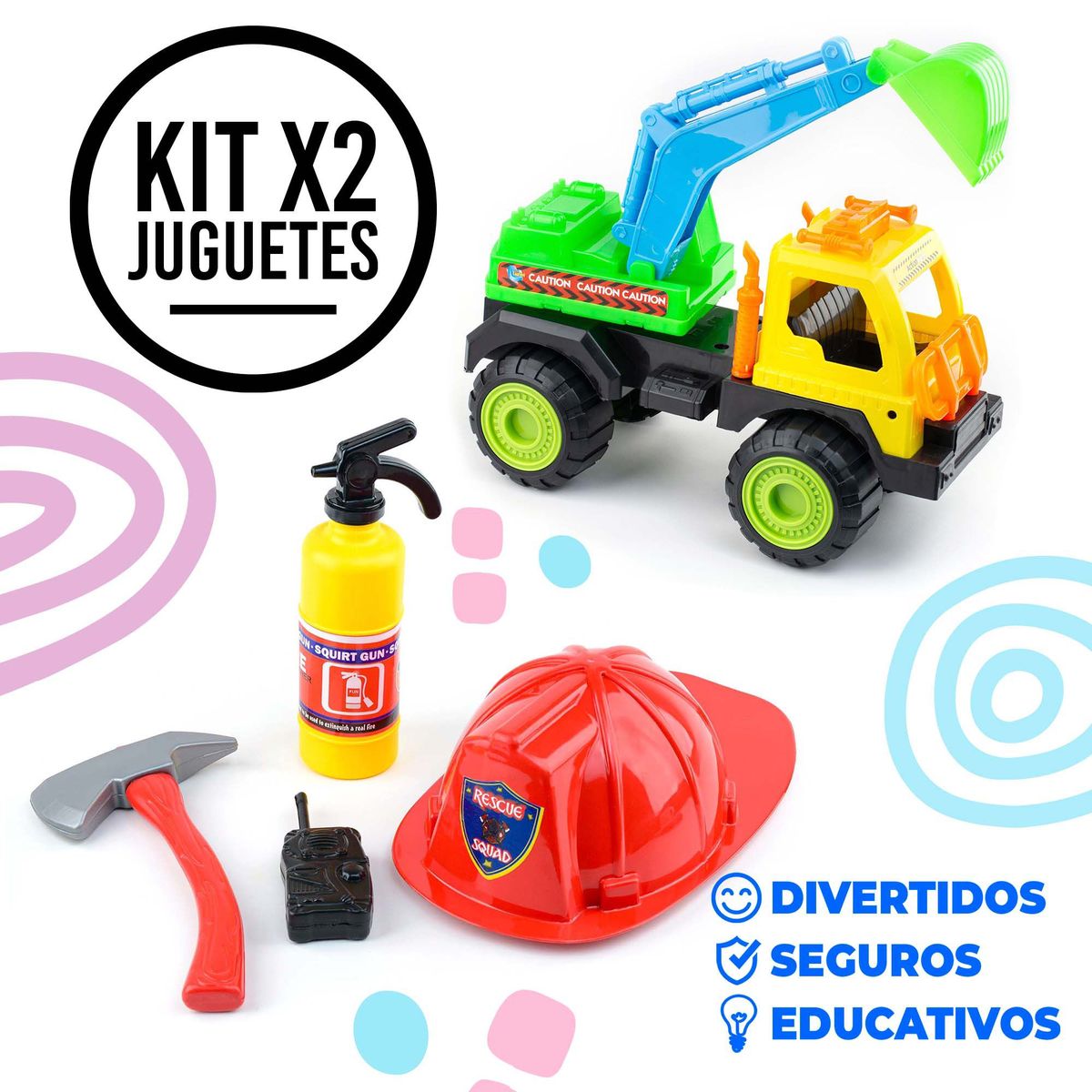 ENERGY PLUS - Volqueta con Grua +Set de Bombero Jugar construir y salvar