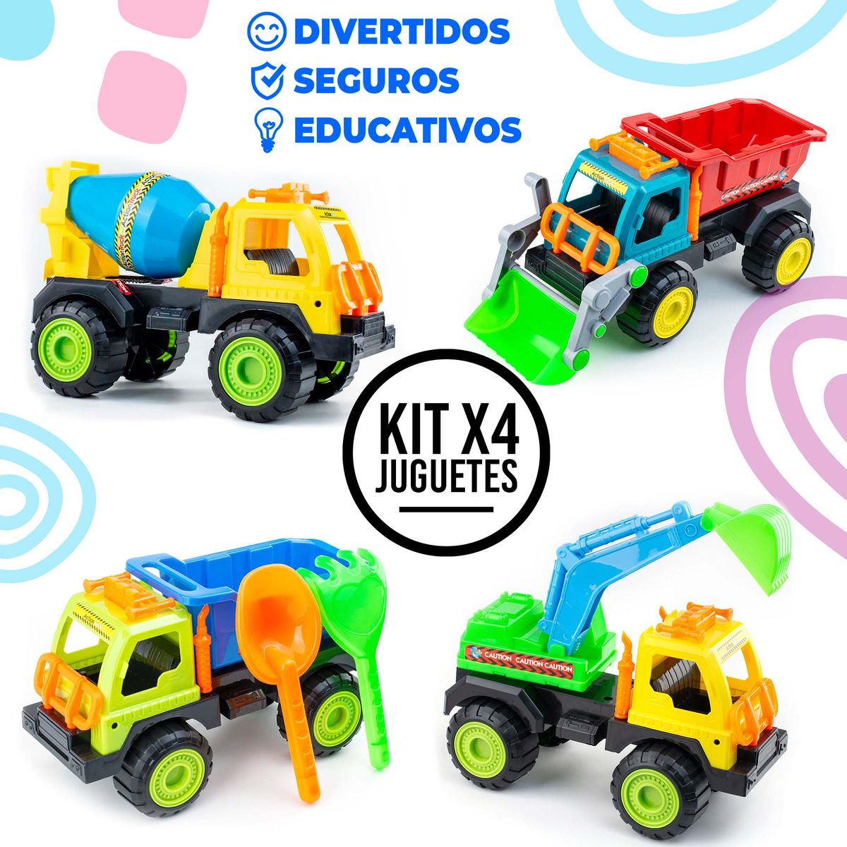 ENERGY PLUS - 4 Volquetas juguete Retro + Grúa + Mezcladora +Herramientas