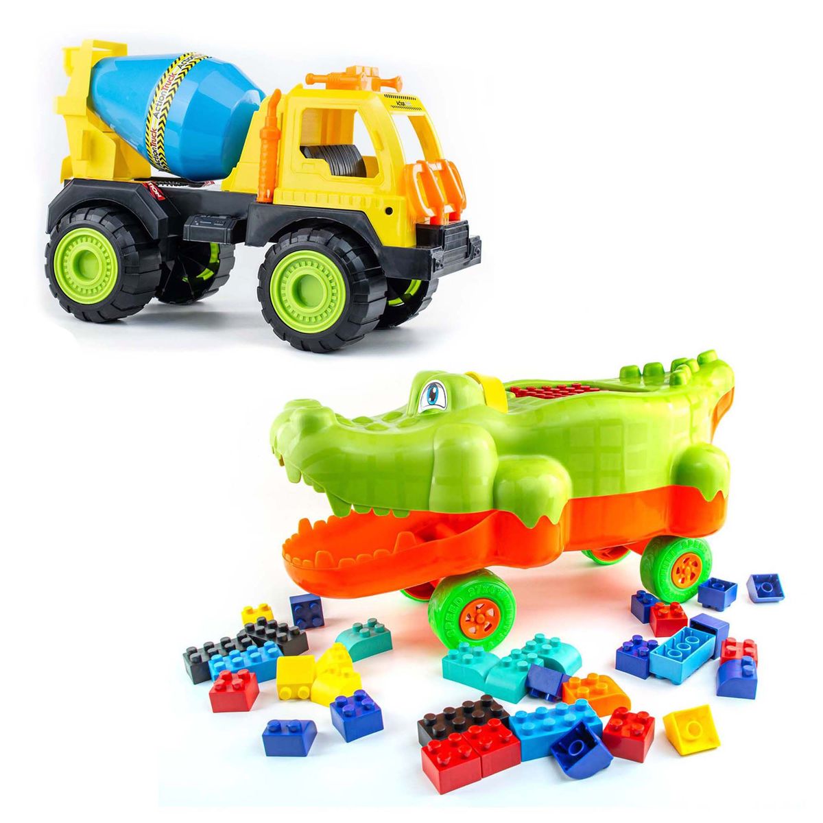 ENERGY PLUS - Juego Completo Volqueta Mezcladora y Cocodrilo con Bloques