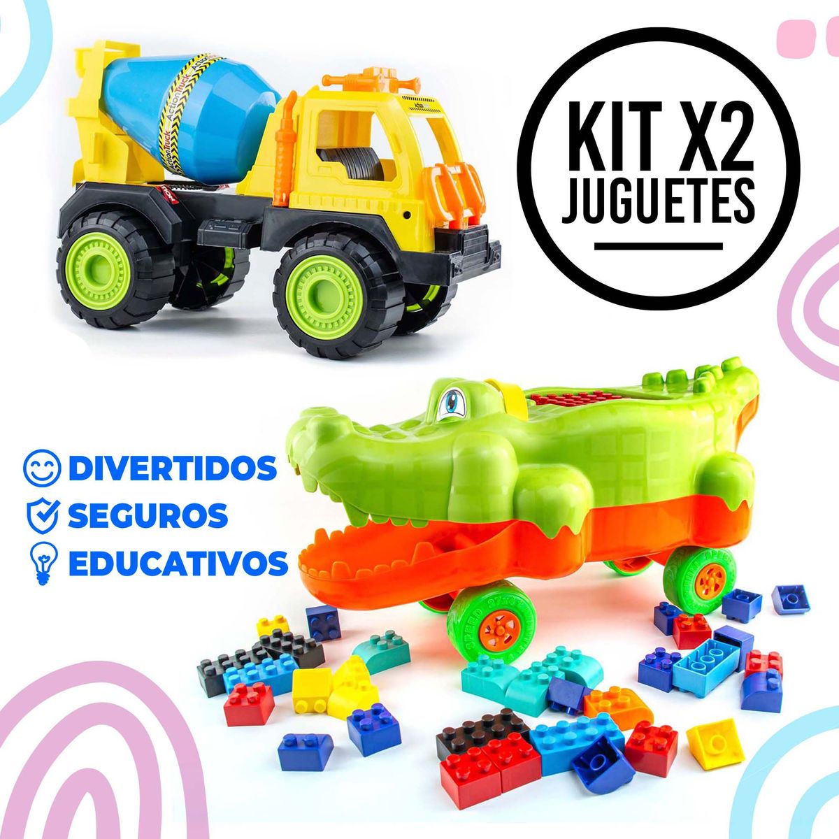 ENERGY PLUS - Juego Completo Volqueta Mezcladora y Cocodrilo con Bloques