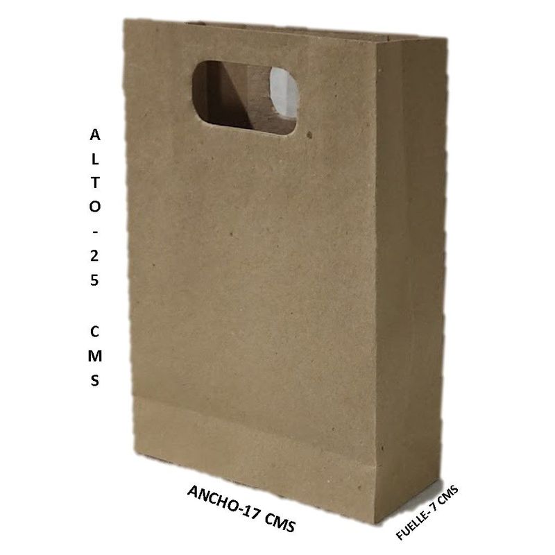 GENERICO - 25 Bolsas Papel Kraft 90 gr. Manija Troquelada. T: 25x17x7