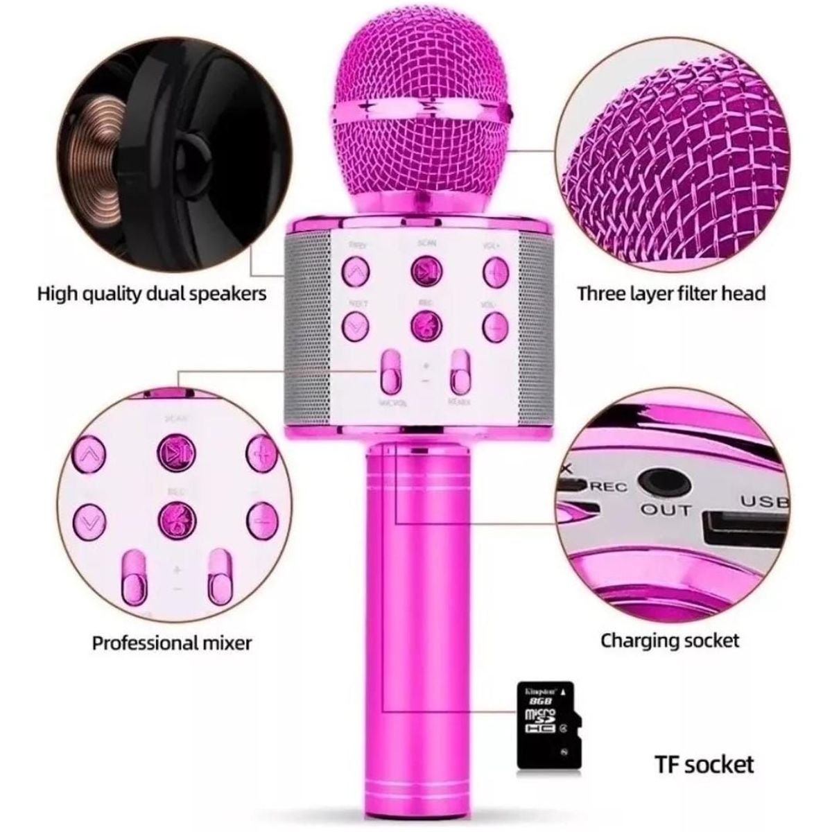 INFANTILES CAJUROMIX - Micrófono Inalámbrico FUCSIA Karaoke Ws-858 Bluetooth
