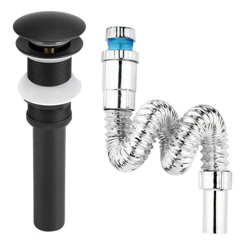 GENERICO - Kit Sifón Acordeón Desagüe Push Negro Tapa Hongo Lavamanos