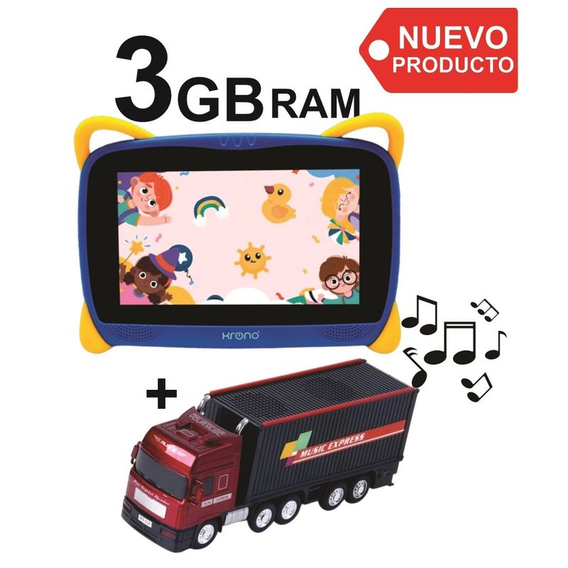 KRONO - Tablet Niños 3GB RAM Android 11 Wifi + 32GB 7 Pulgadas + Parlante Tractomula AZUL