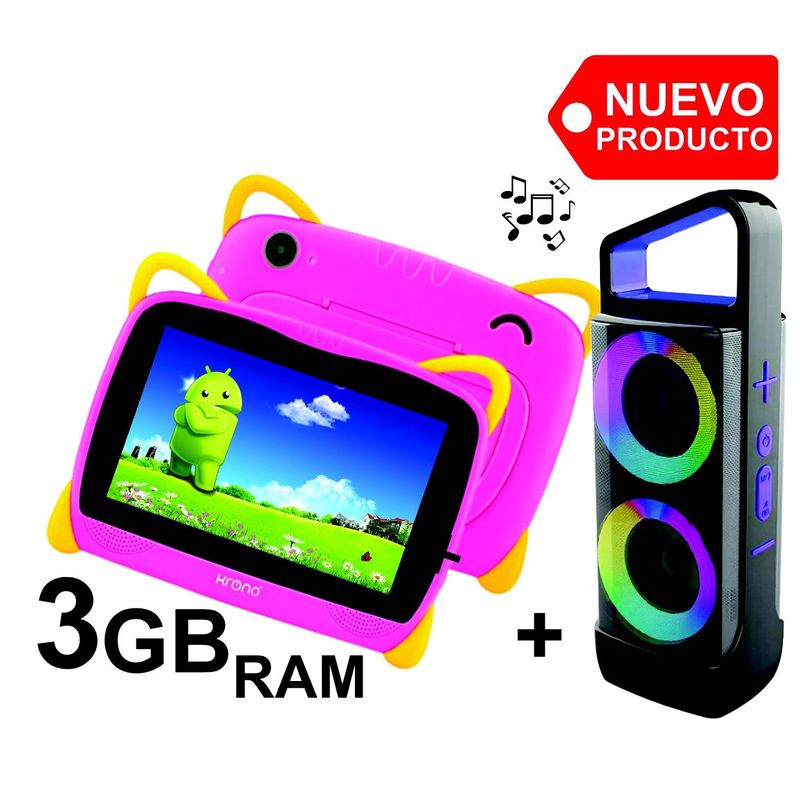 KRONO - Tablet Niños 3GB RAM Android 11 Wifi + 32GB 7 Pulgadas + Parlante BT Rosado