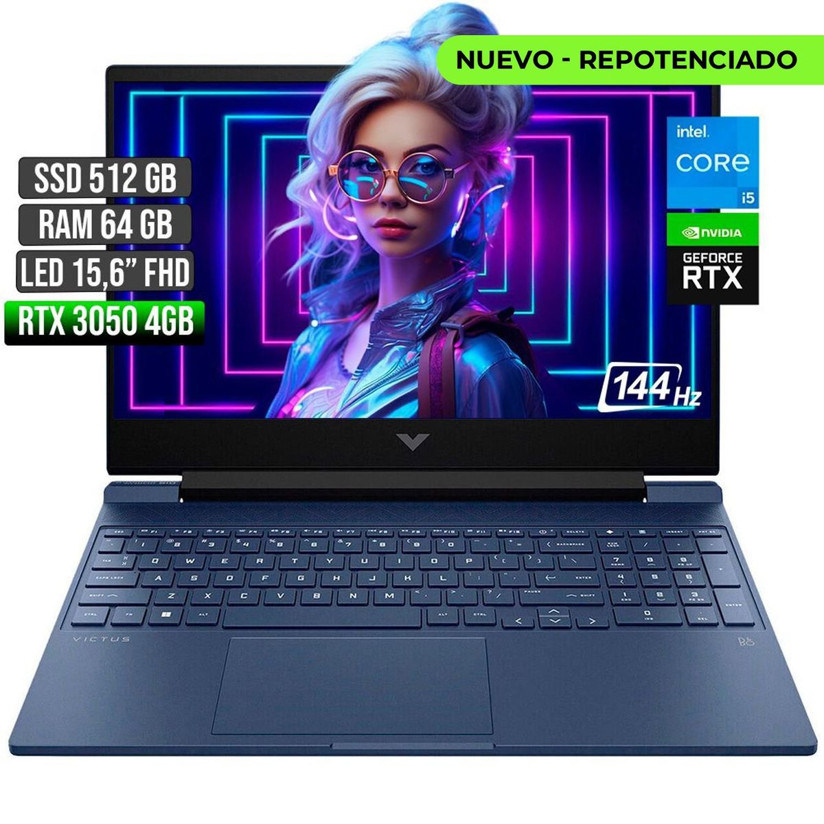 HP - Portátil HP Victus Intel Core I5 RTX 3050 4GB 64GB 512GB 15.6" FHD 144Hz