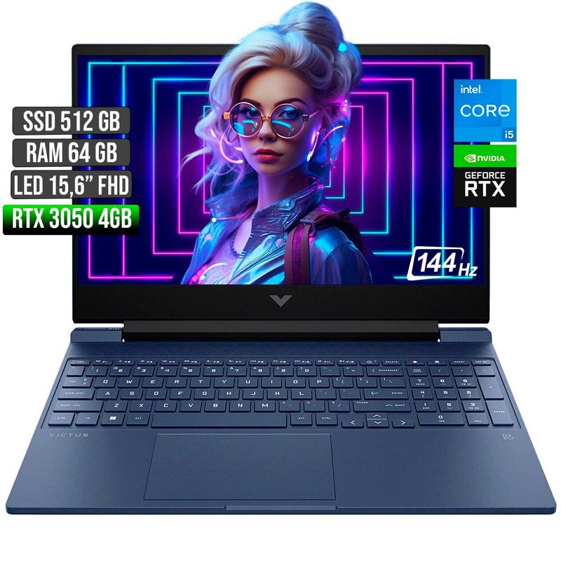 HP - Portátil HP Victus Intel Core I5 RTX 3050 4GB 64GB 512GB 15.6" FHD 144Hz